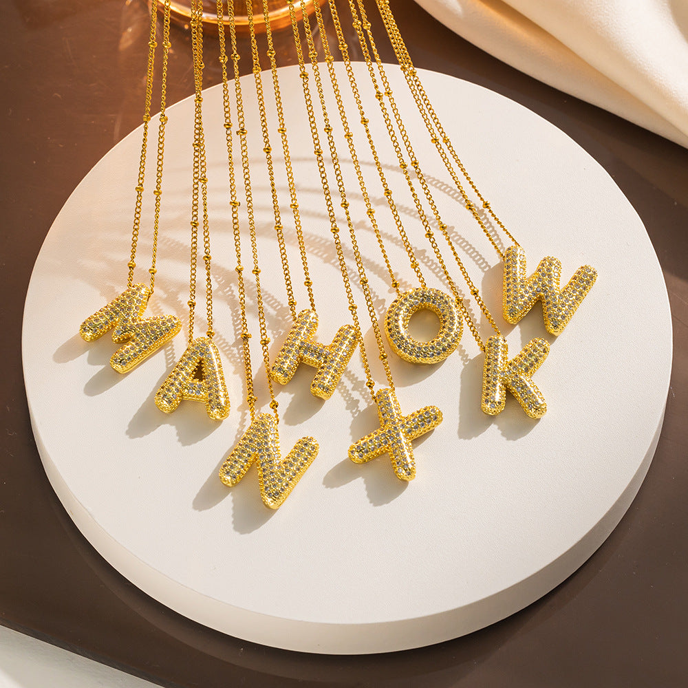 Fashion Unisex 18K Gold Plated Titanium Steel Alphabet Pendant Necklace with Micro-Set Zircon