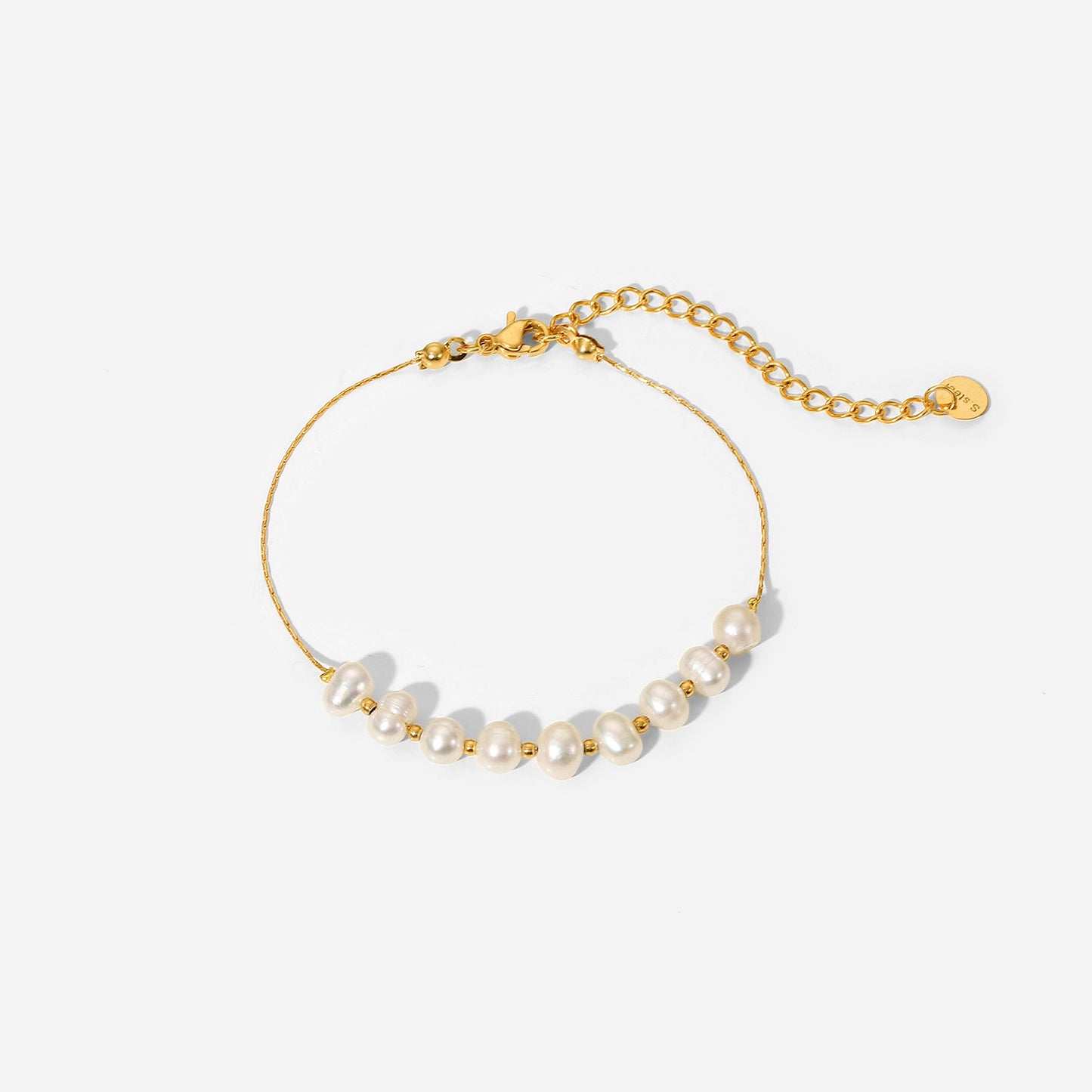 Bracciale in acciaio inossidabile con perle d'acqua dolce geometriche stile Ins, placcato oro PVD 18 carati, con catena a maglie, per donna