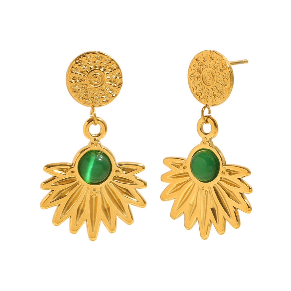 Minimalist Geometric Stainless Steel Earrings with 18K Gold Plating and Vintage Green Agate Pendant