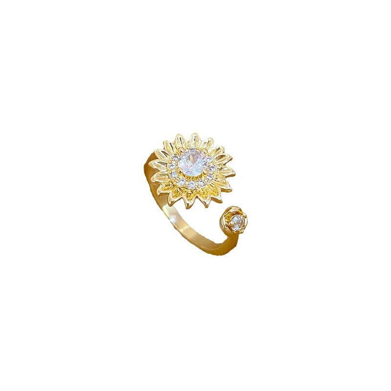 Anello regolabile di lusso a motivo floreale interamente in strass, in ottone con finitura placcata, da donna