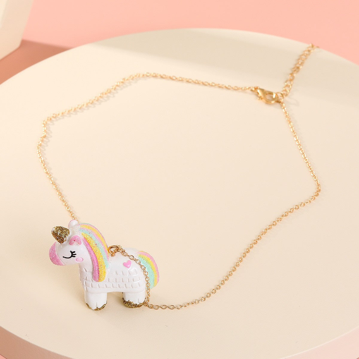 Cartoon Unicorn Resin Pendant Necklace for Kids with 3D Hand-Painted Design and O-Chain