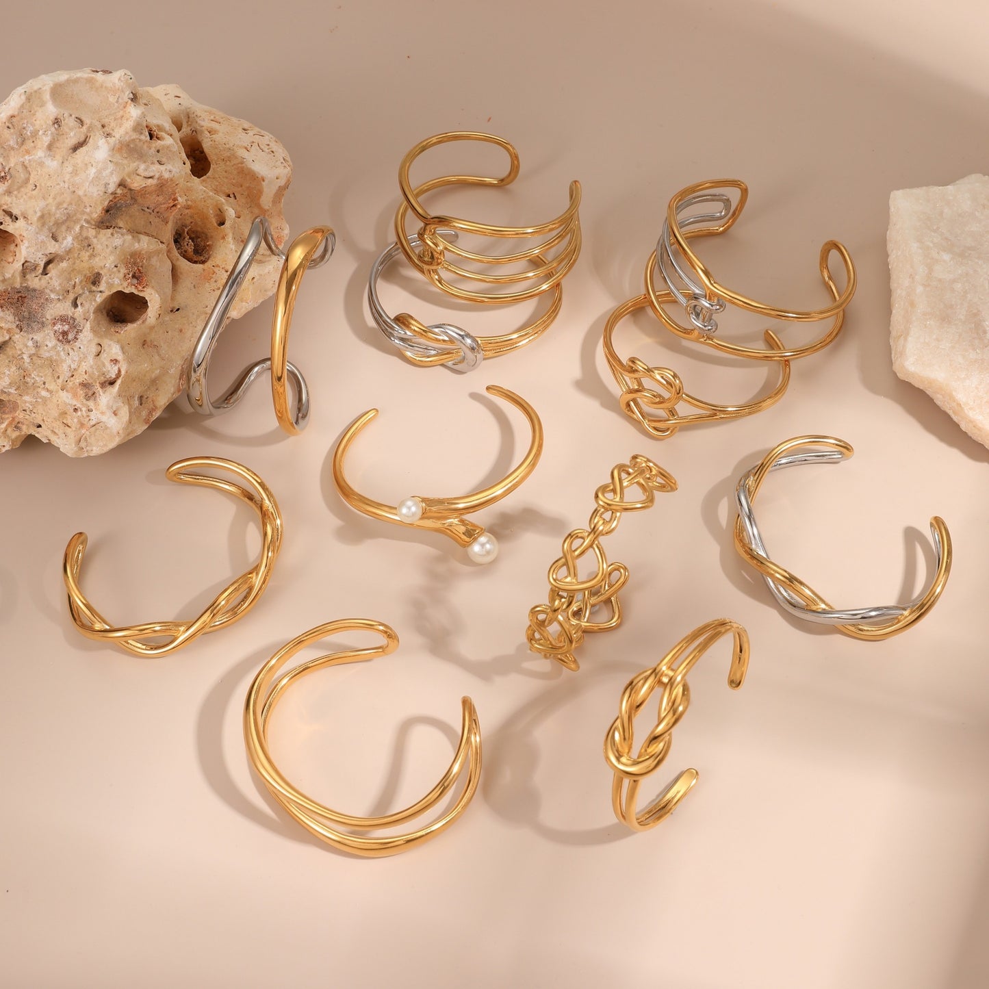 Pulsera de Acero Inoxidable Geométrica de Moda con Baño de Oro de 18K Brazalete Ajustable para Mujer