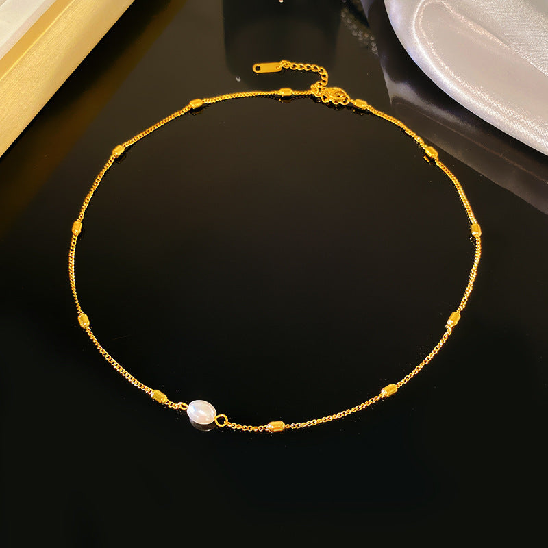 Luxury Casual Titanium Steel Serpentine Chain Necklace with Pearl Inlay