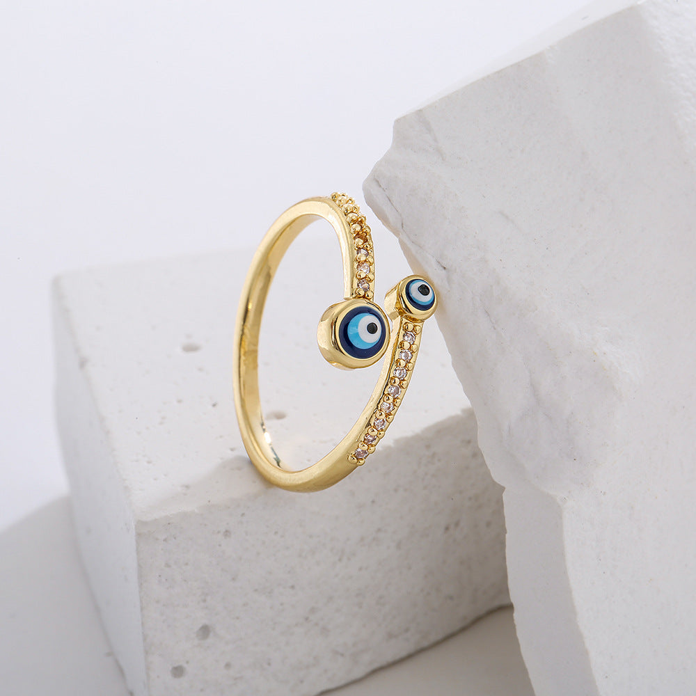 Anello Geometrico a Occhio Aperto da Donna in Rame con Placcatura in Oro 18K e Finitura Smaltata con Intarsio in Zirconi