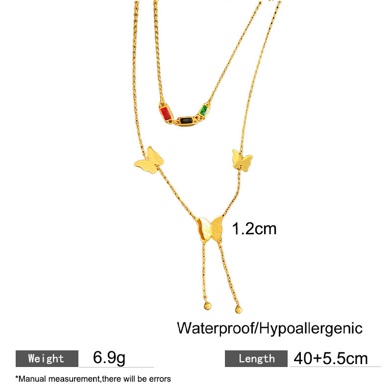 Elegant Titanium Steel Double-Layer Butterfly Rhinestone Tassel Necklace