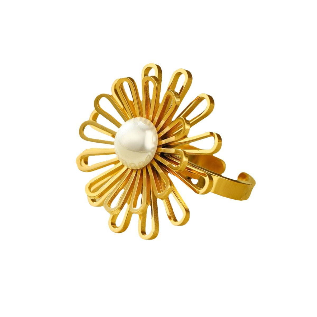 Anillo minimalista de acero inoxidable calado con encaje floral de estilo francés para mujer con acabado chapado