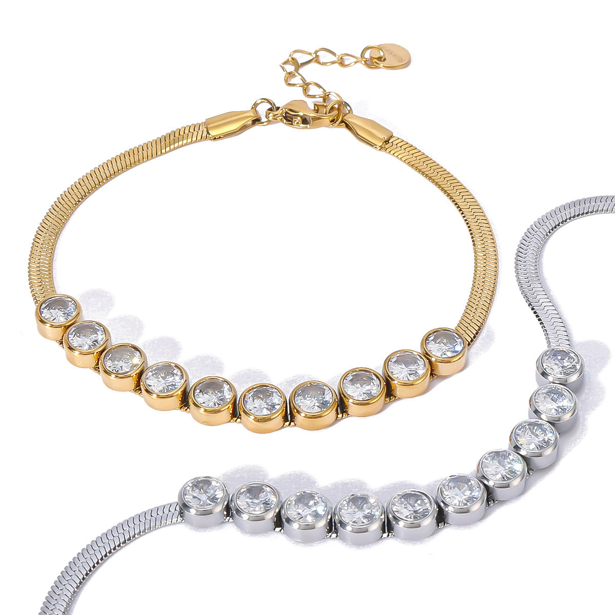 Minimalist Geometric Stainless Steel Snake Chain Necklace with Zircon Inlay for Women