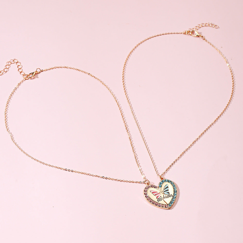 Graziosa collana a forma di cuore in lega con intarsio di strass per bambini e amici, semplice design a catena incrociata che non si ossida