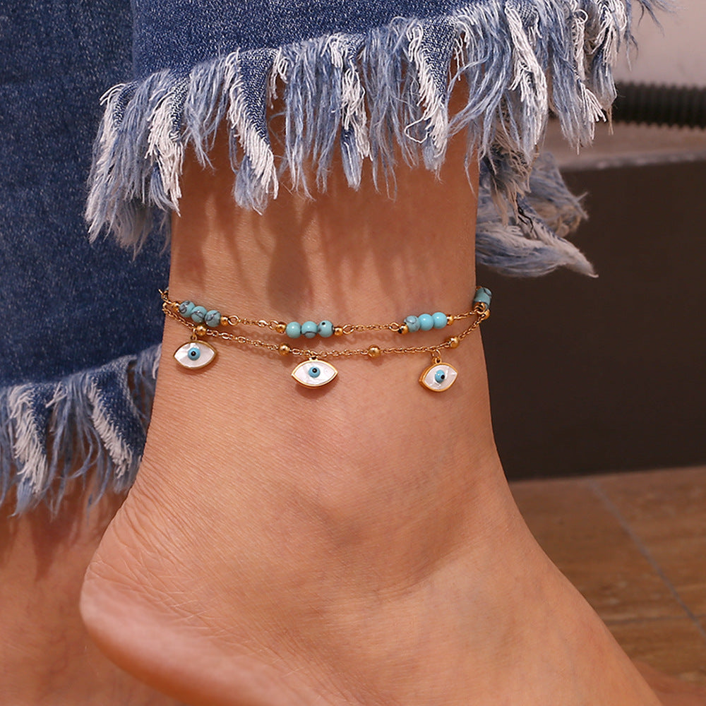 Fashion Geometric Stainless Steel Anklet with 18K Gold Plating, White Abalone Shell Eyes and Blue Turquoise Accents