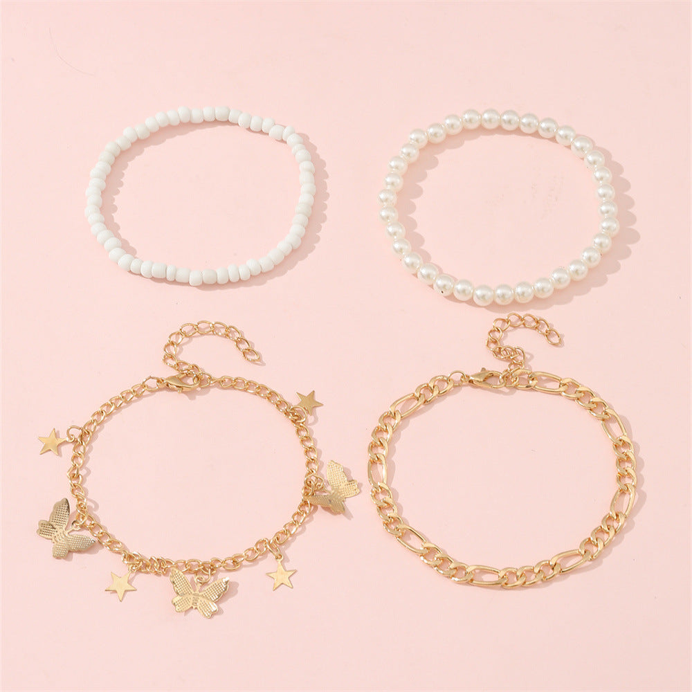 Set di cavigliere vintage minimaliste con farfalla e perle da 4 mm per donna