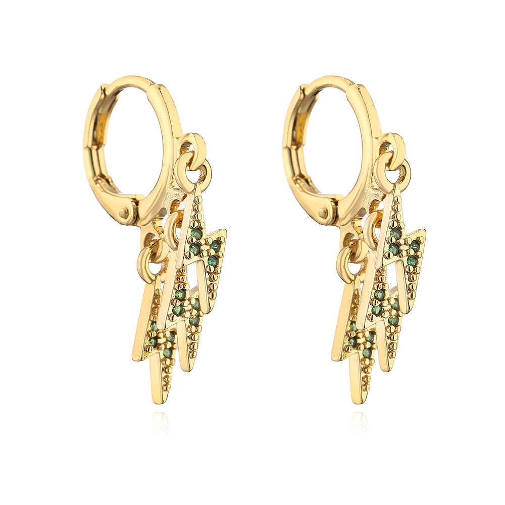 Minimalist Geometric Lightning-Shaped Earrings for Women Made of Brass with 18K Gold Plating and Zircon Inlay