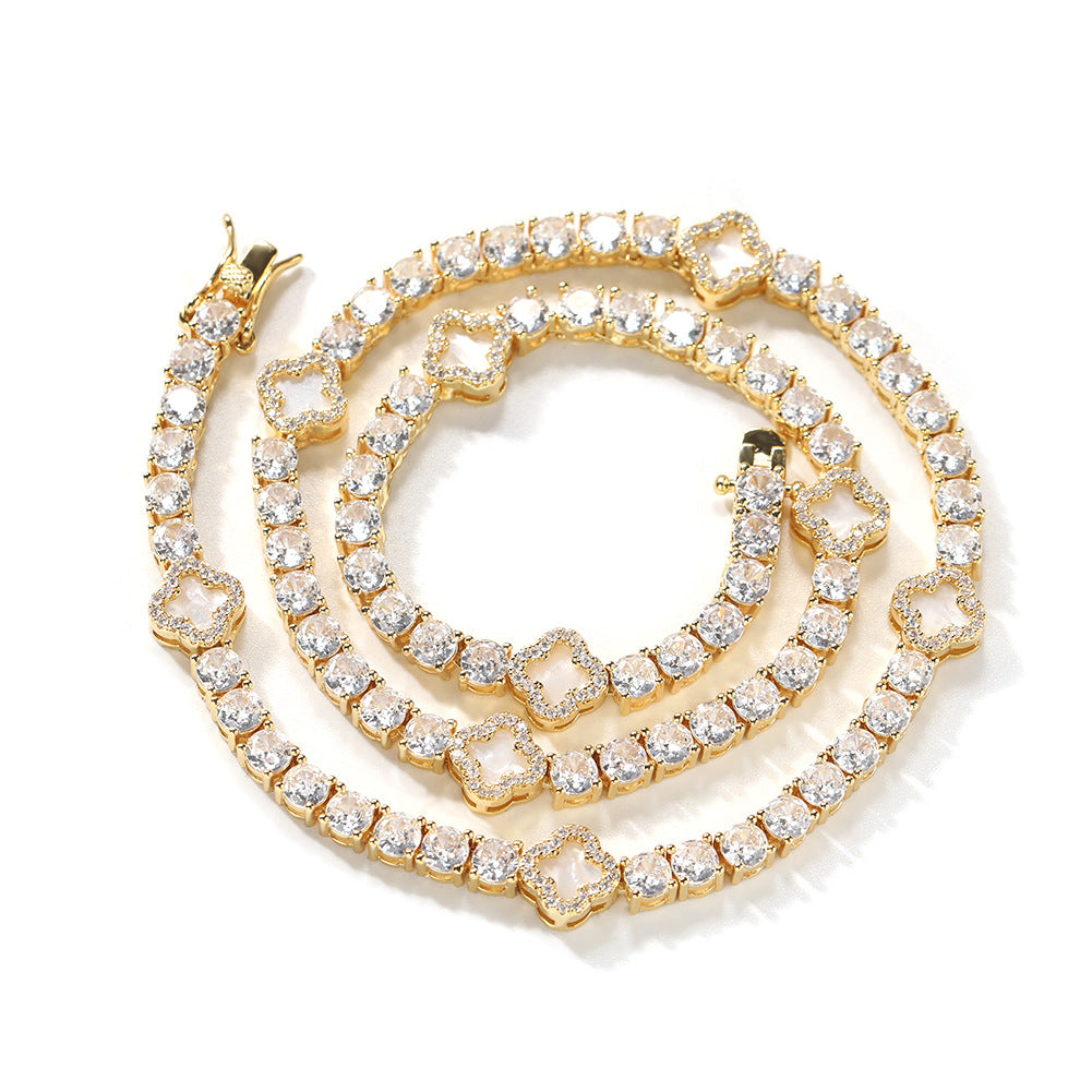Four-Leaf Clover Rhinestone Inlay Brass Tennis Chain Necklace for Women