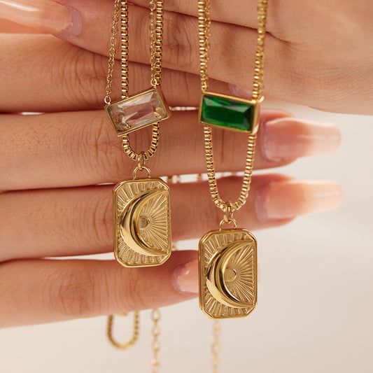 Juego de collares INS con colgante de luna y sol con circonitas en cadena doble de acero inoxidable para mujer