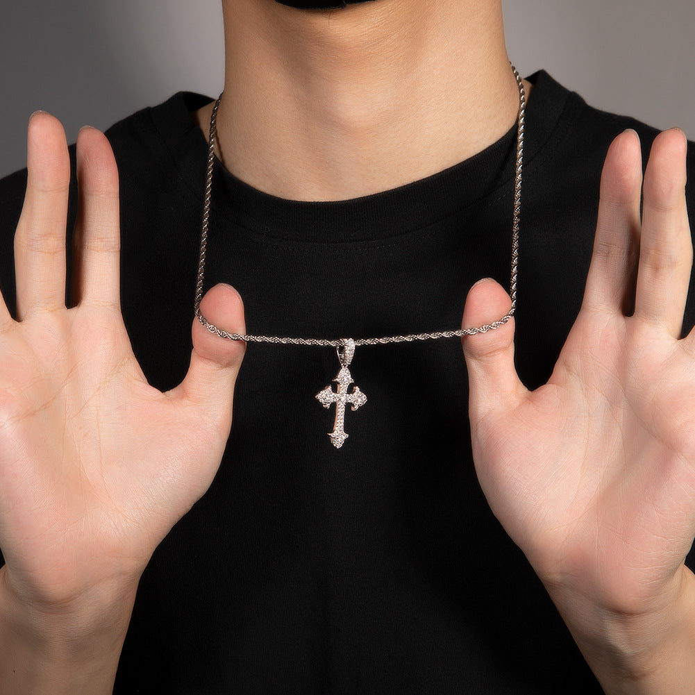 Collar de latón con incrustaciones de circonita cúbica en forma de cruz geométrica estilo Hip-hop para hombre