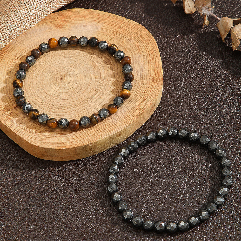 Business Geometric Round Tiger Eye and Hematite Handmade Beaded Stretch Bracelet for Men and Women