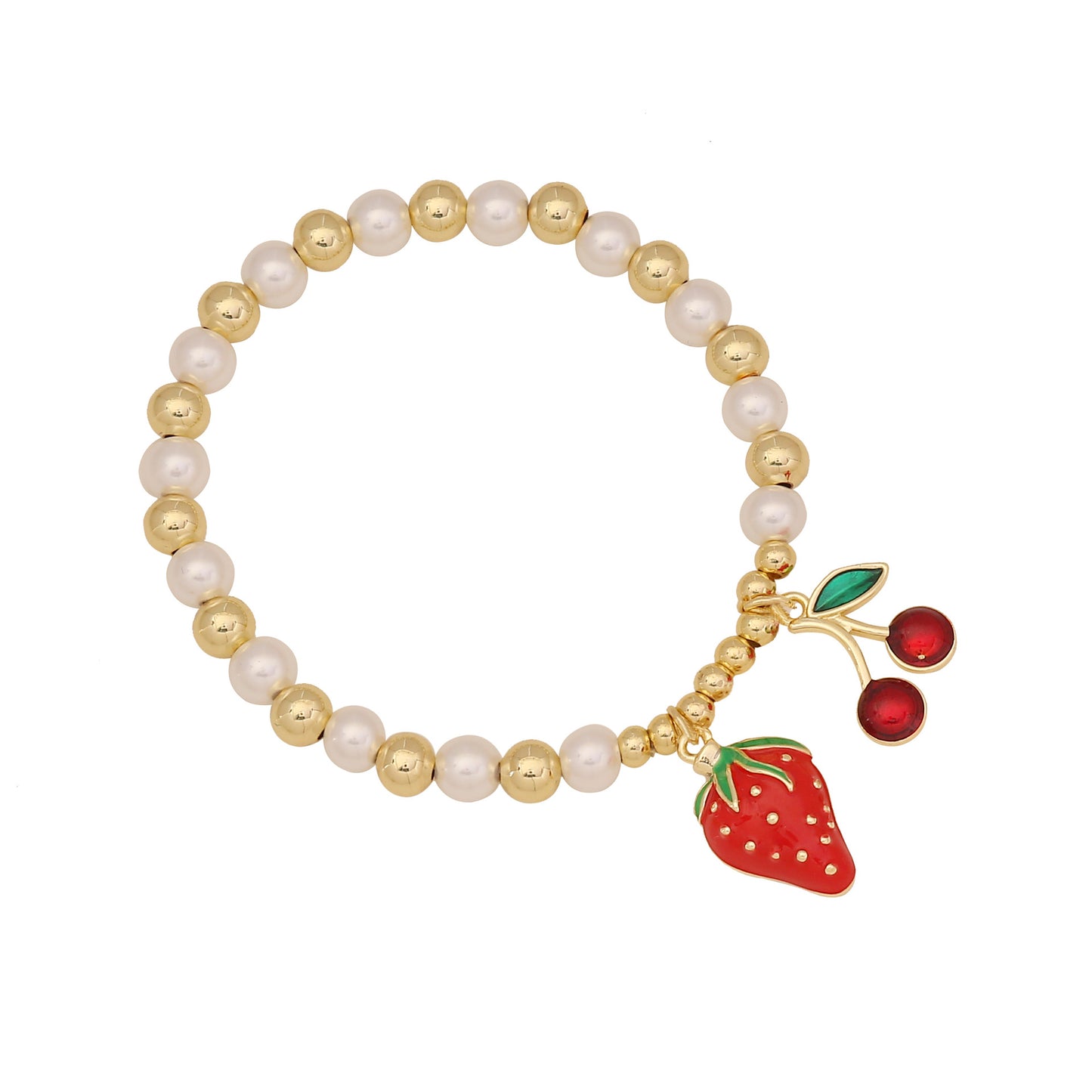 Sweet Cherry and Strawberry Beaded Bracelet in Brass with Handcrafted Farmhouse Style Fresh and Cute Design