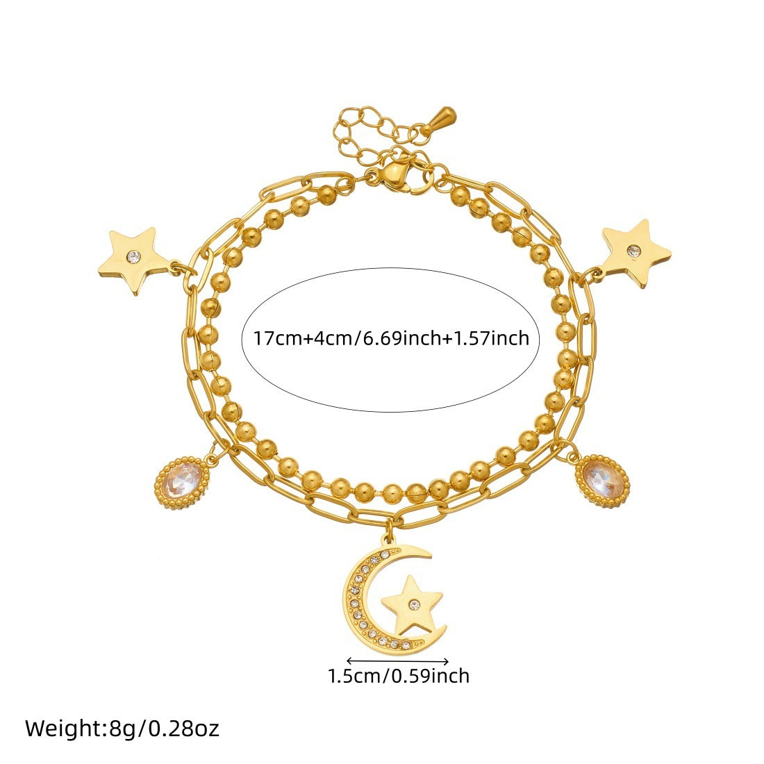 Minimalist Gold Plated Stainless Steel Star Moon Floral Rhinestone Pendant Double Layer Bracelet for Women
