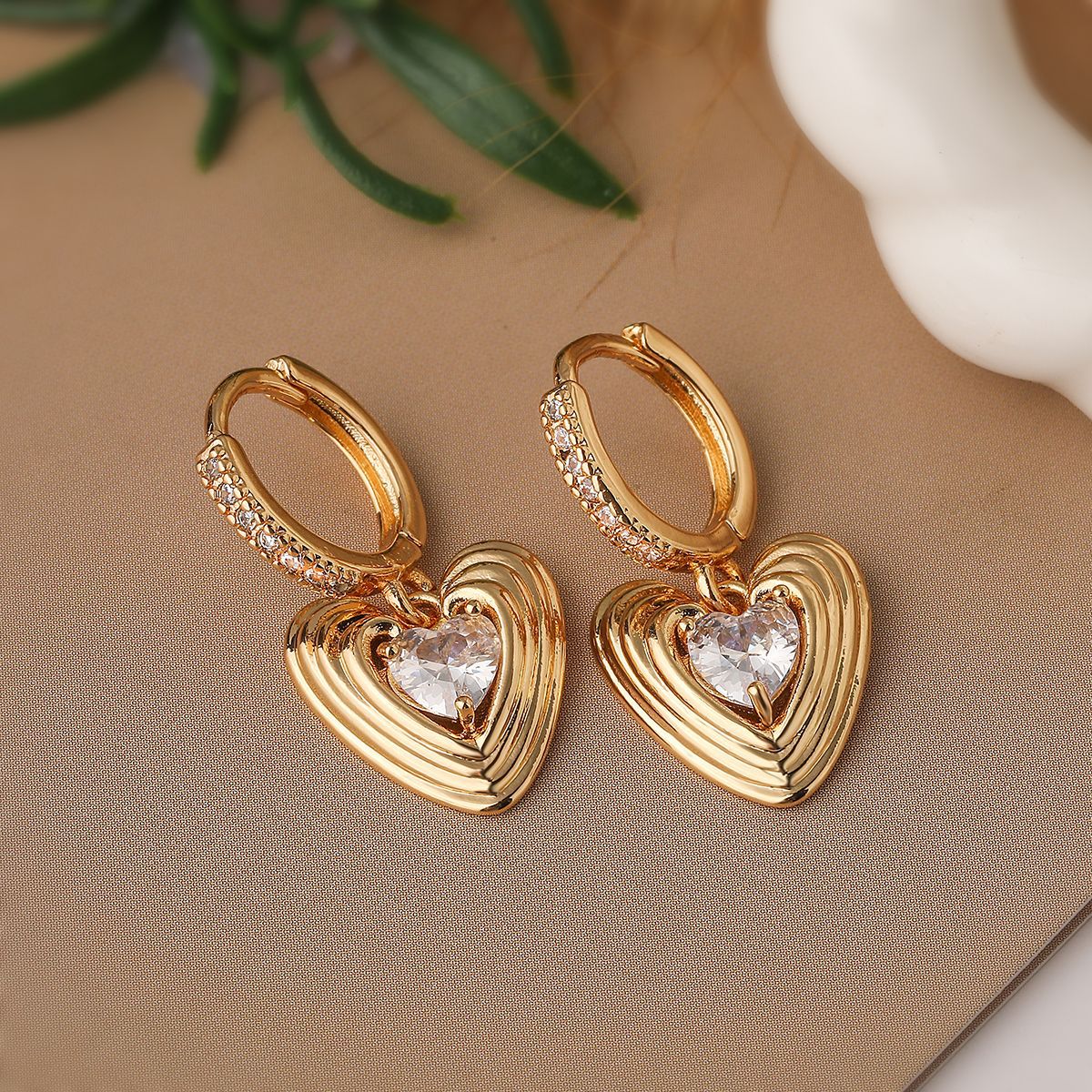 Minimalist Heart-Shaped Copper Earrings with Real Gold Plating and Zircon Inlay for Women