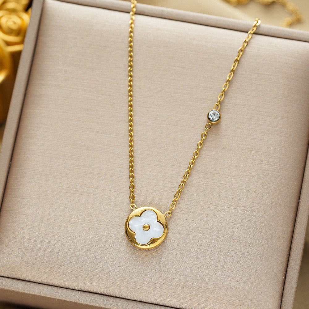 Four-leaf Clover Rhombus Titanium Steel Necklace with Rhinestone and Shell Inlay for Women