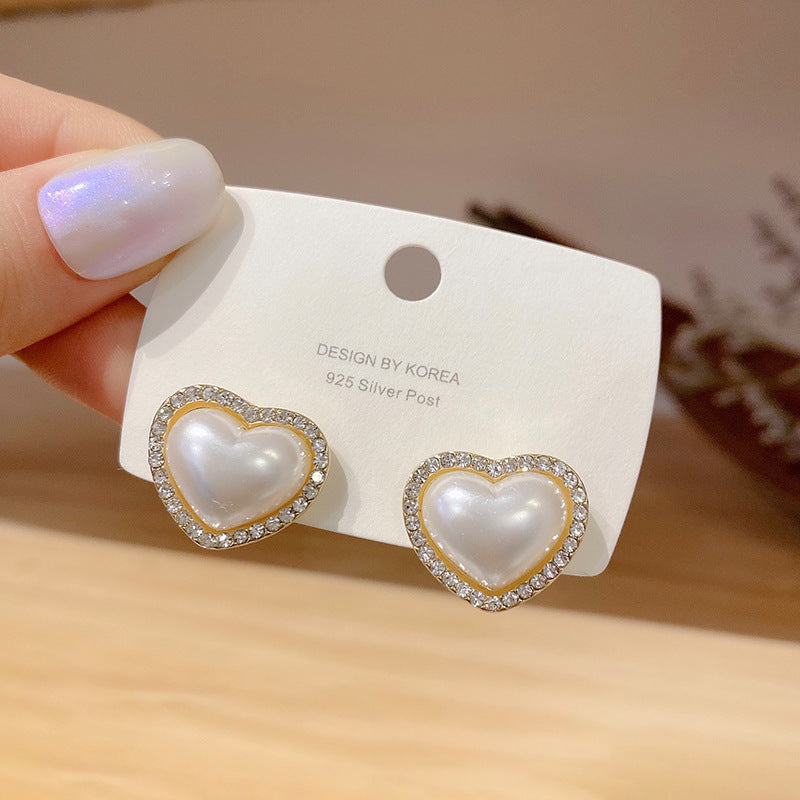 Orecchini a perno minimalisti con cuore, zirconia cubica e perla, con perni in argento sterling 925 per donna