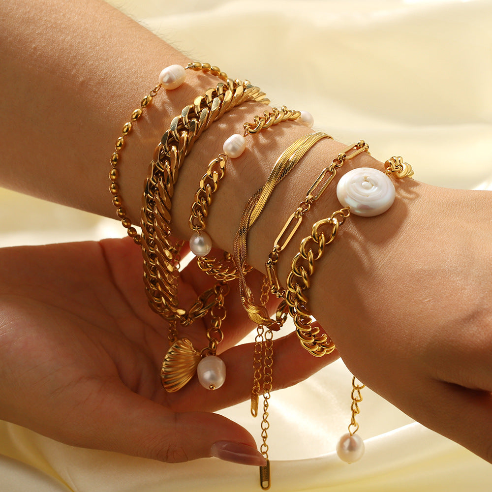 Geometric Style Gold Plated Stainless Steel Double Layer Cuban Bracelet with Pearl and Shell Accents Beach Inspired Unisex Bracelet