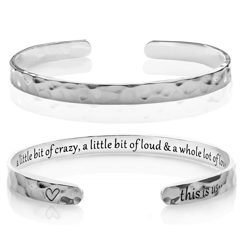 Minimalist Stainless Steel Engraved Open Moon Surface Textured Hammered Bracelet