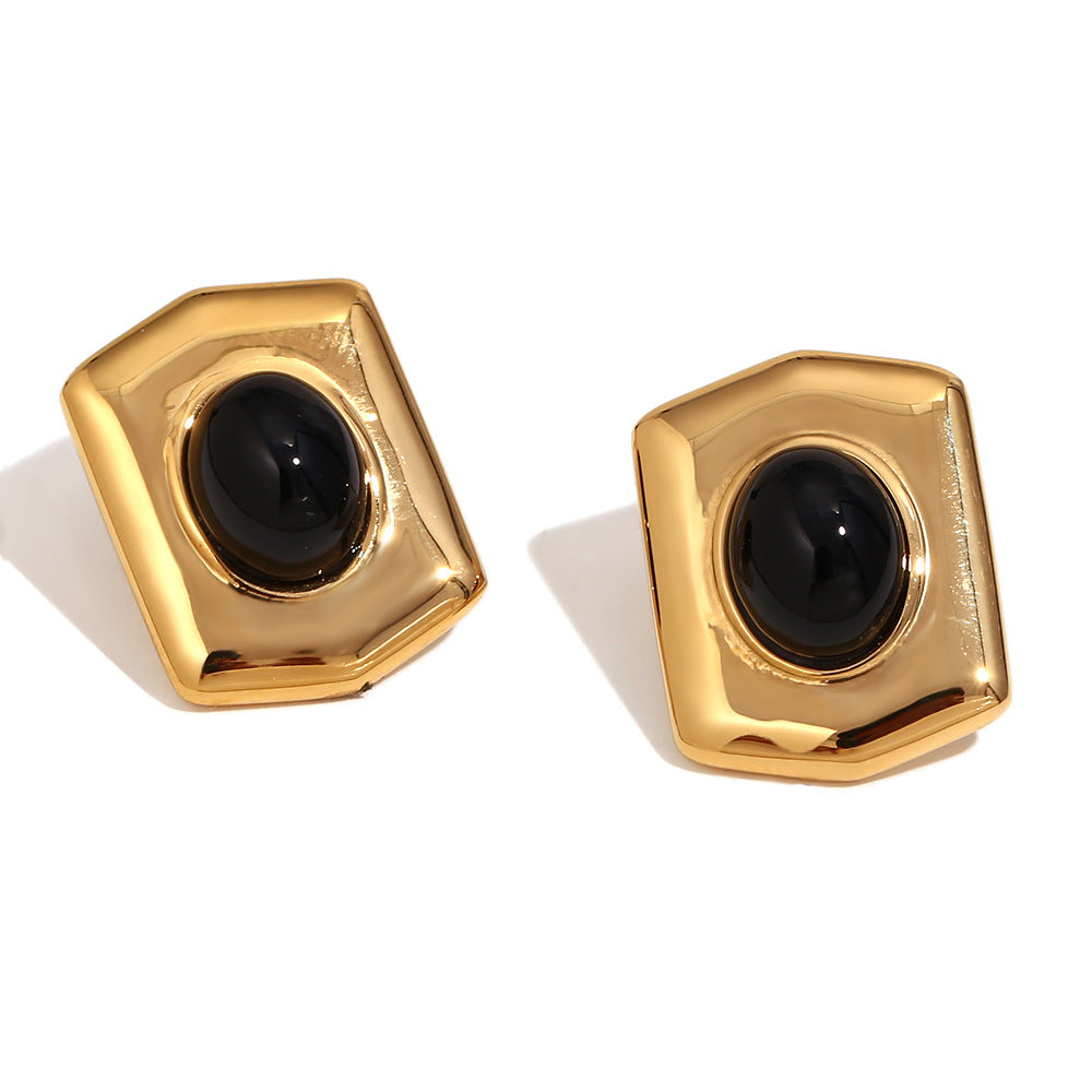 Aretes de acero inoxidable con escudo hexagonal geométrico de inspiración vintage con chapado en oro de 18 quilates para mujer