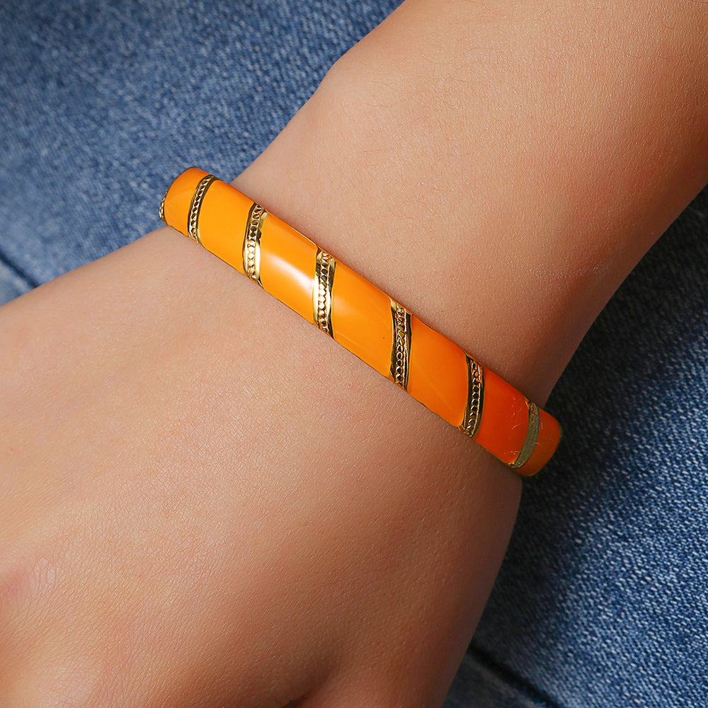 Vintage Geometric Drip Oil Plated Stainless Steel C-Shape Open Adjustable Bangle