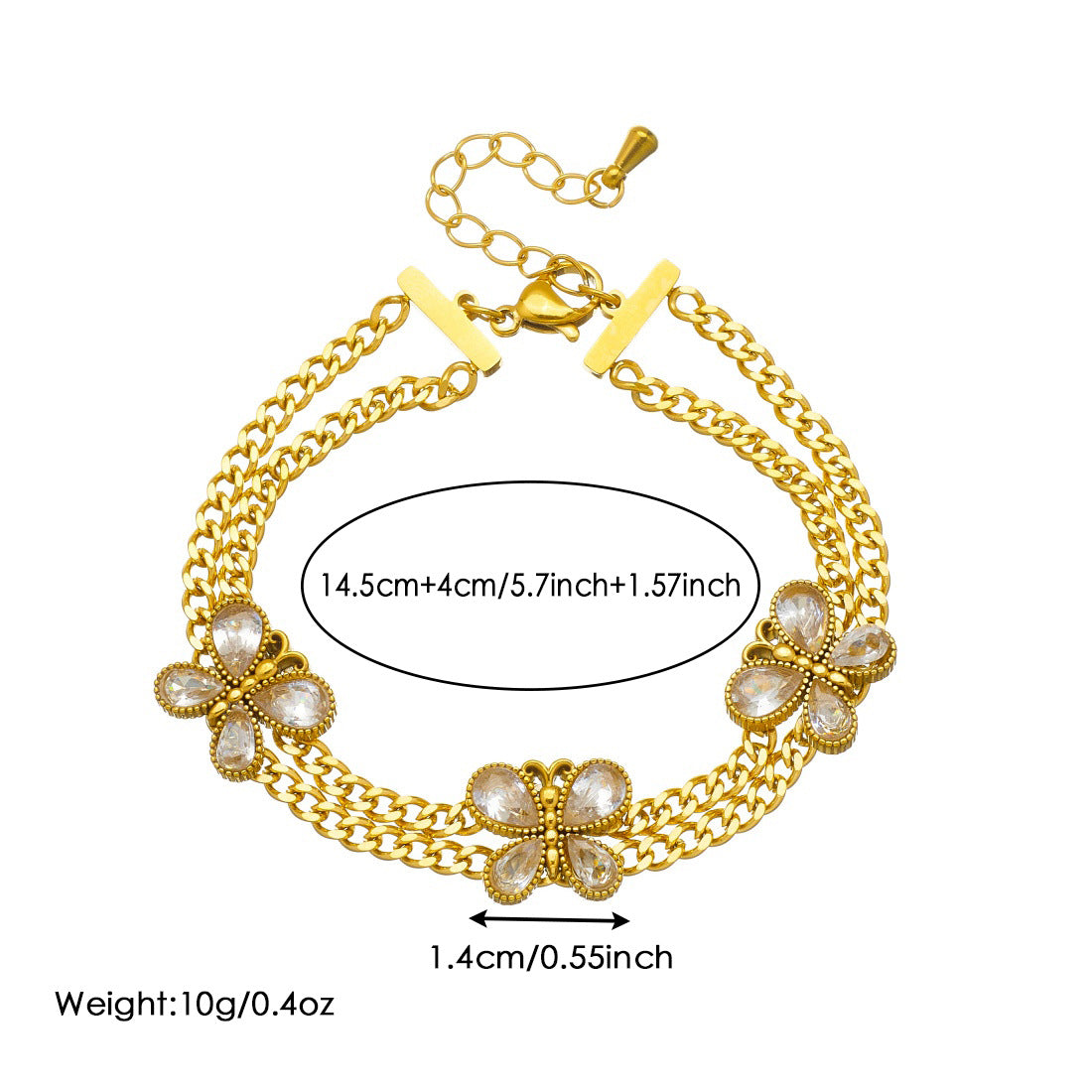 Gold Plated Stainless Steel Butterfly Rhinestone Double Layer Chain Bracelet for Women