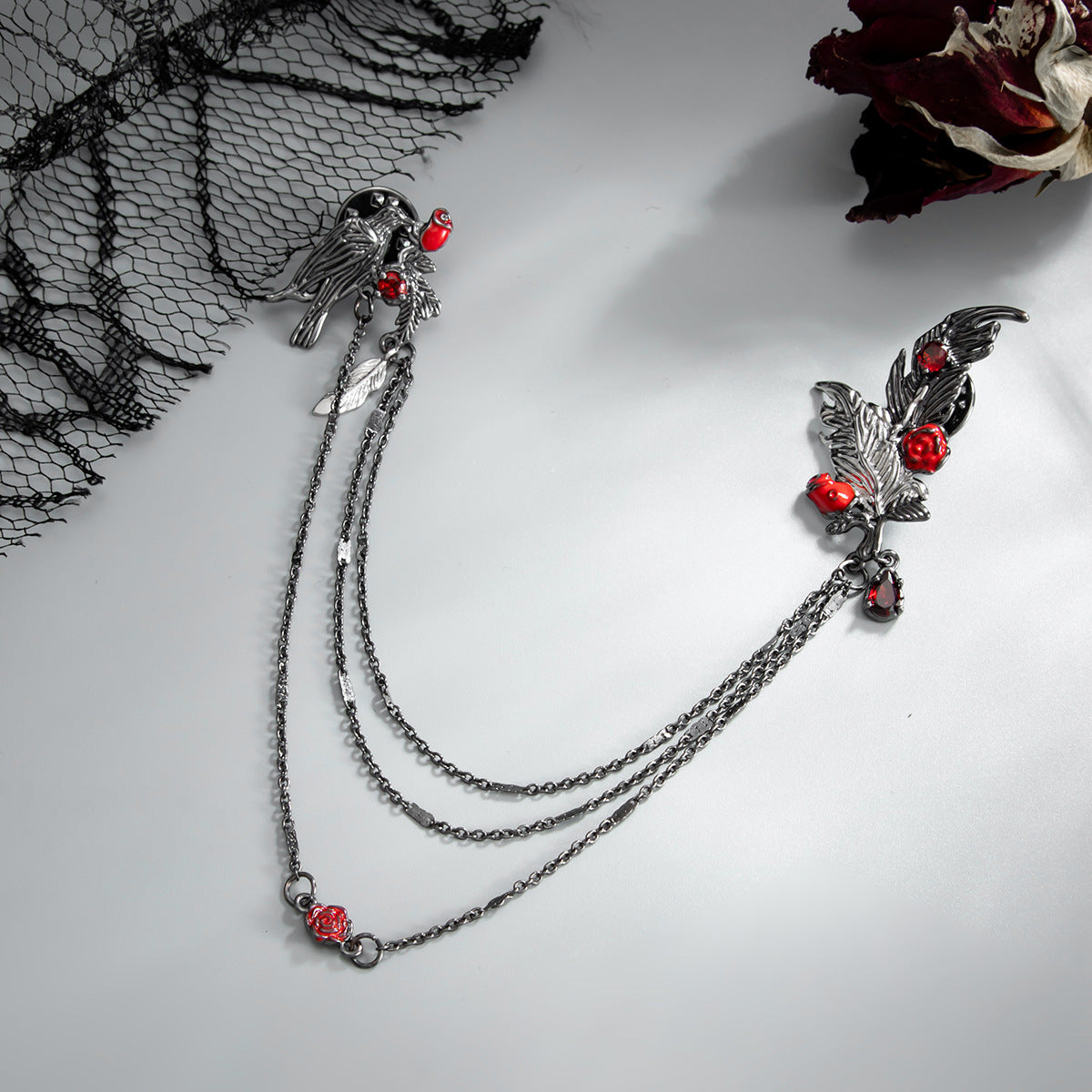 Gothic Vintage Rhinestone Inlaid Rose Floral Geometric Brass Brooch with Feather Tassel Chain