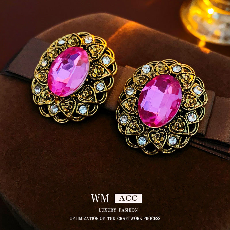 Orecchini ovali geometrici stile vintage con intarsio in strass e lega placcata con finitura anticata, perno in acciaio inossidabile da donna