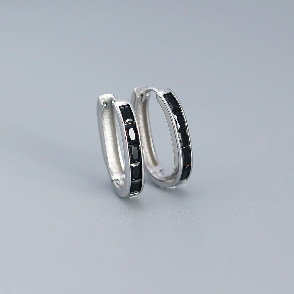 Vintage French-Style Enamel U-Shaped Earrings in Sterling Silver with Geometric Design for Women