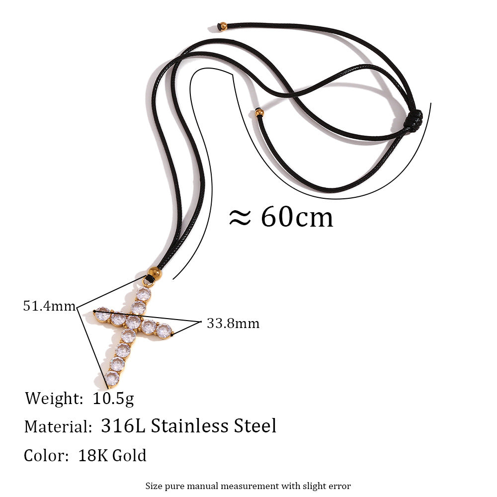 Fashionable Cross-Shaped Pendant Necklace in Stainless Steel with 18K Gold Plating on Black Cord for Women