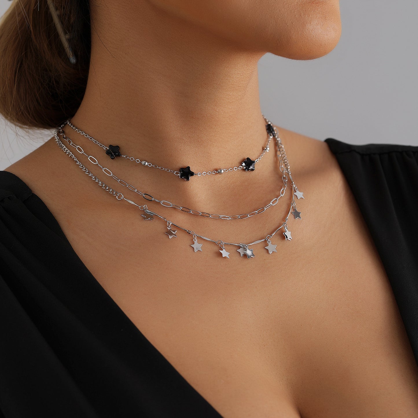 Vintage Gothic Star Geometric Alloy Plated Layered Necklace for Women and Men