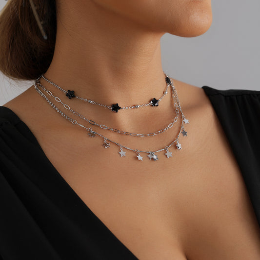 Vintage Gothic Star Geometric Alloy Plated Layered Necklace for Women and Men