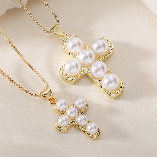 Minimalist 18K Gold Plated Brass Cross Pearl Pendant Necklace for Women