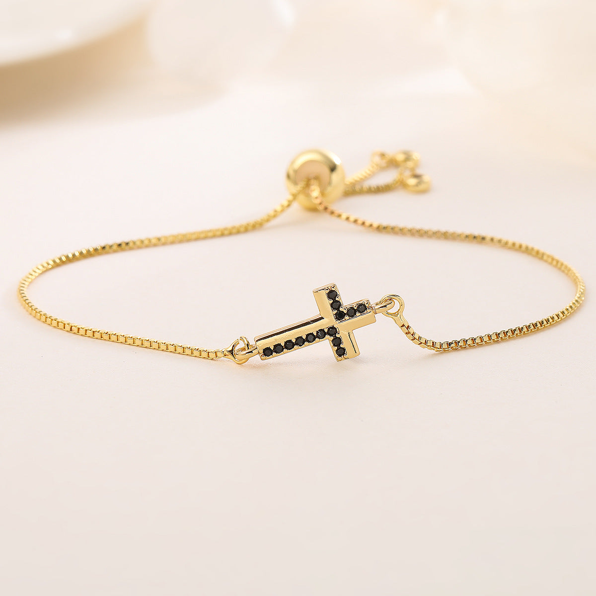 Minimalist Gold Plated Brass Cross Bracelet with Cubic Zirconia for Women