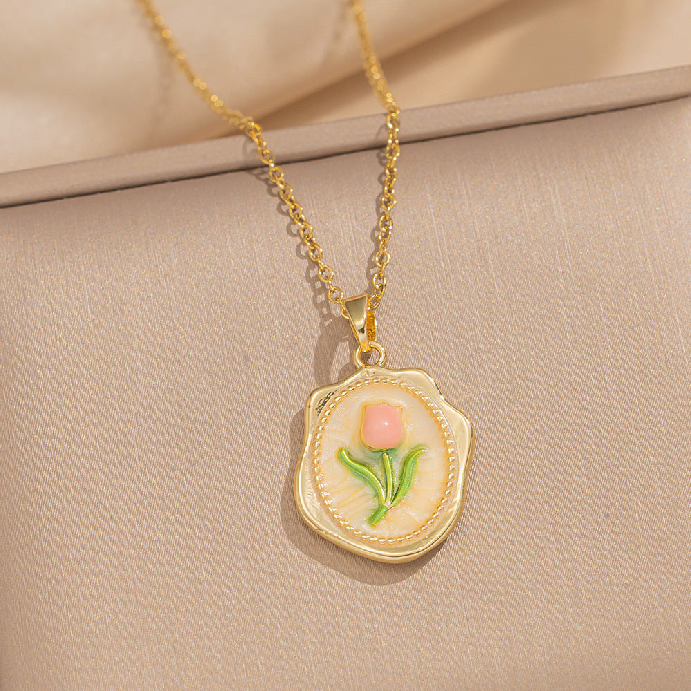 Baroque Style Leaf-Shaped Titanium Steel Necklace with Tulip Floral Motif, Vacuum-Plated for Hypoallergenic Wear, O-Chain Design