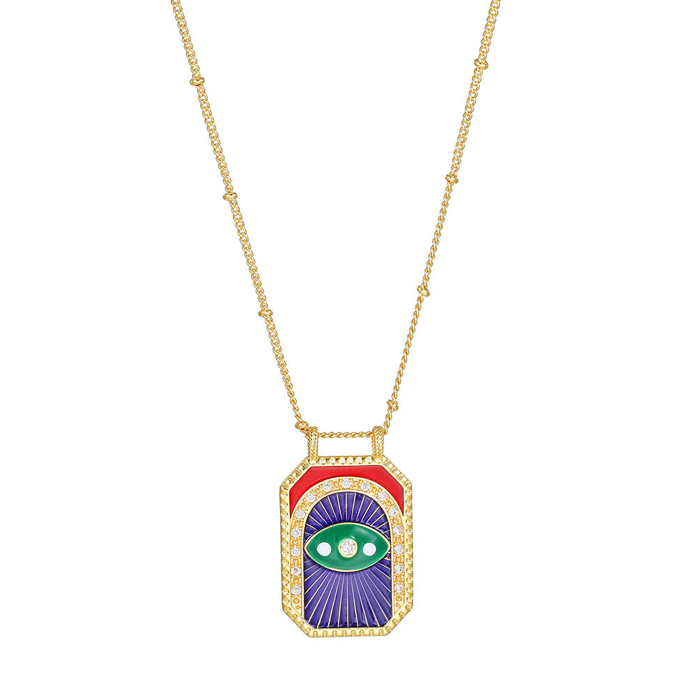 Geometric Gold Plated Brass Drip Oil Cubic Zirconia Inlay Tarot Necklace with Cable Chain