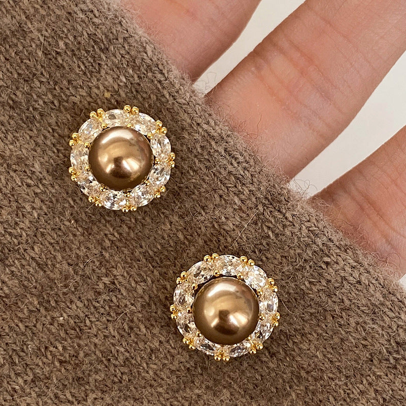 Eleganti Orecchini a Perno Retrò con Perle e Zirconi, a Forma Geometrica Rotonda, da Donna, Accessorio di Lusso Minimalista