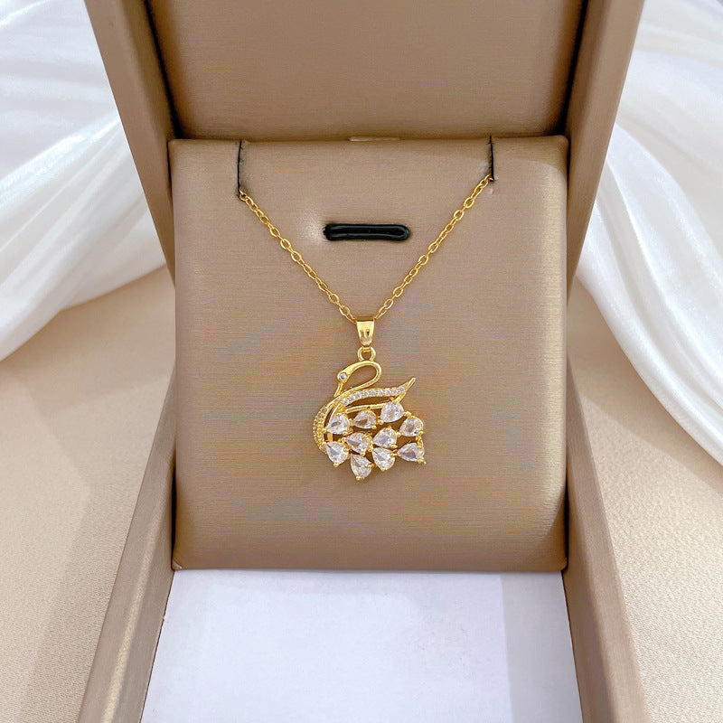 Sweet Geometric Rhinestone Swan Pendant Necklace Titanium Steel Cable Chain for Women and Men