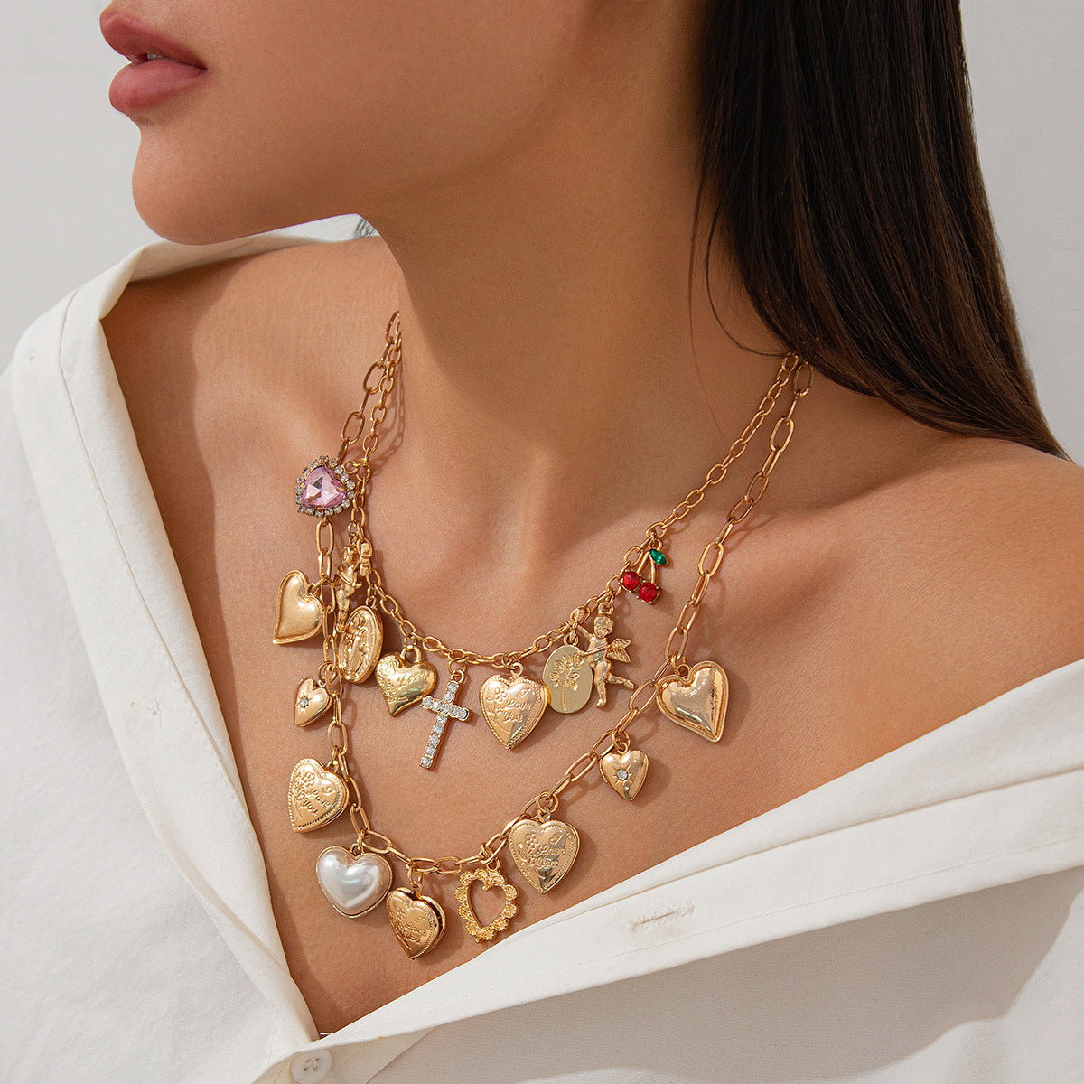 Layered Heart and Cross Rhinestone Plated Alloy Necklace for Women