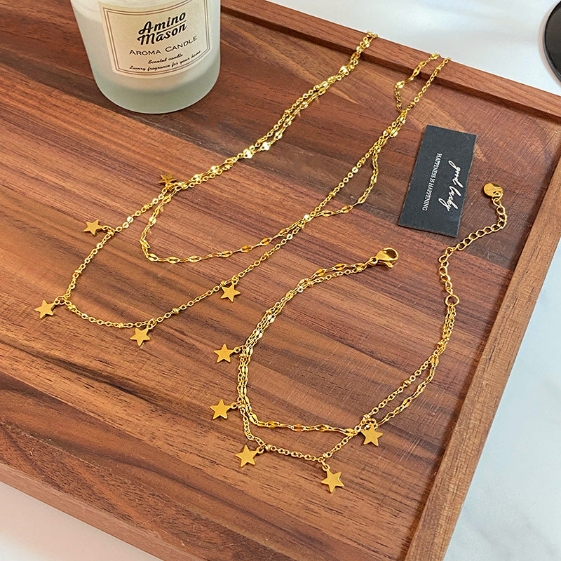 Vintage Gold Plated Titanium Steel Star Necklace Bracelet Set