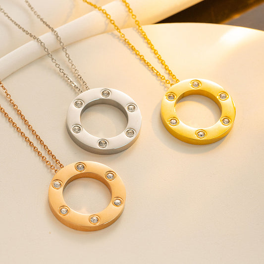 Minimalist Round Geometric Titanium Steel Pendant Necklace for Women with Rhinestone Inlay, Hypoallergenic Snake-Resistant Layered Collar Chain