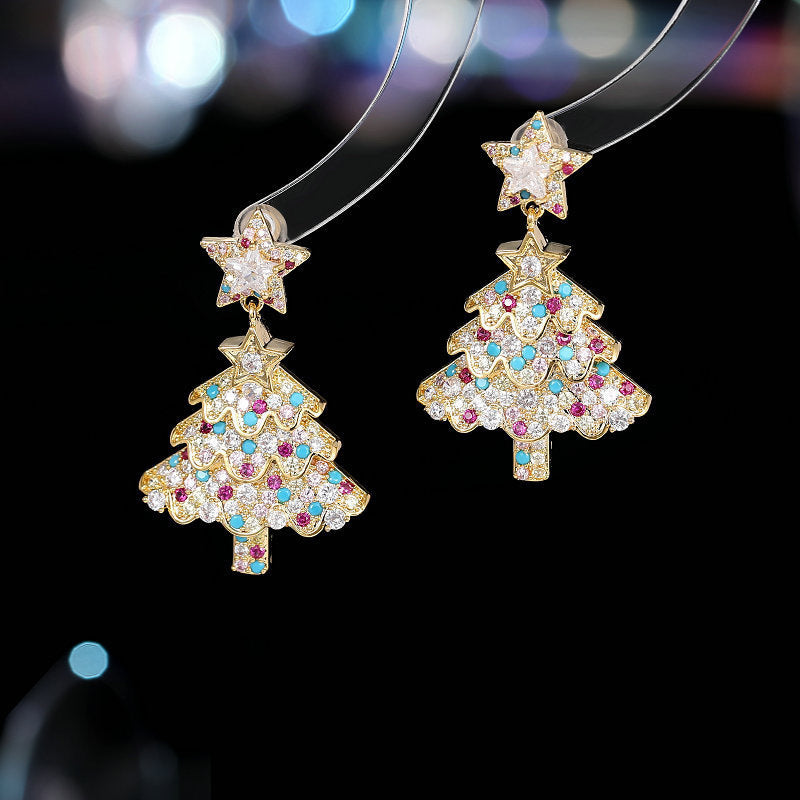 Pendientes de tuerca con forma de árbol de Navidad y diamantes de imitación rosas para mujer, con base de aleación de zinc y acabado galvanizado.