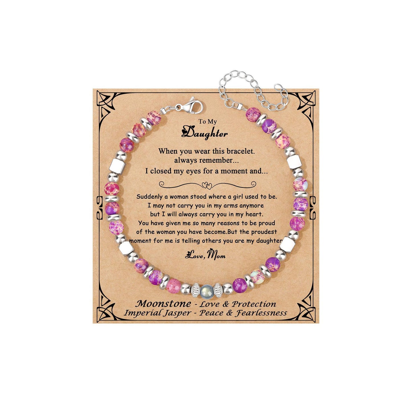 Fashion Stainless Steel Bracelet with 4mm Square Beads, Purple Imperial Stone and Lime Moonstone for Women