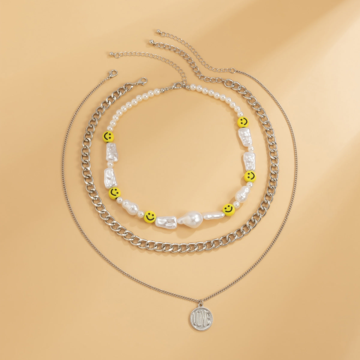 Vintage Bohemian Ethnic Geometric Letter Faux Pearl Plated Ball Chain Necklace for Women