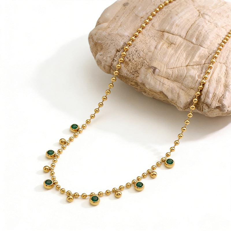 Vintage Geometric Round Stainless Steel Gold Plated Cubic Zirconia Necklace Ball Chain Unisex