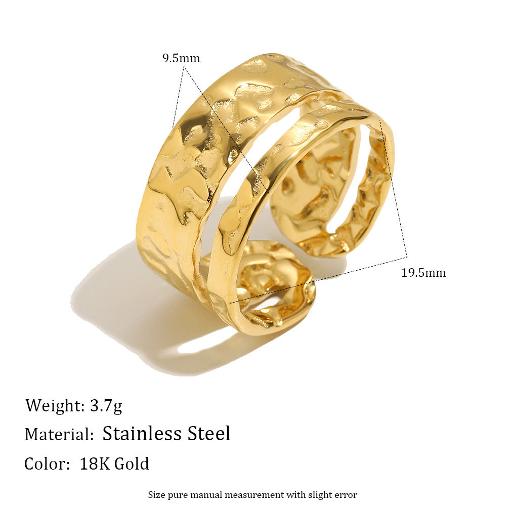 Minimalist 18K Gold Plated Geometric Hammered Textured Wide Band Open Ring for Women