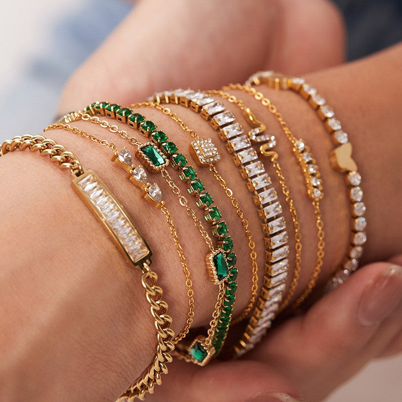 Gold Plated Stainless Steel Round Geometric Women's Bracelet with Cubic Zirconia